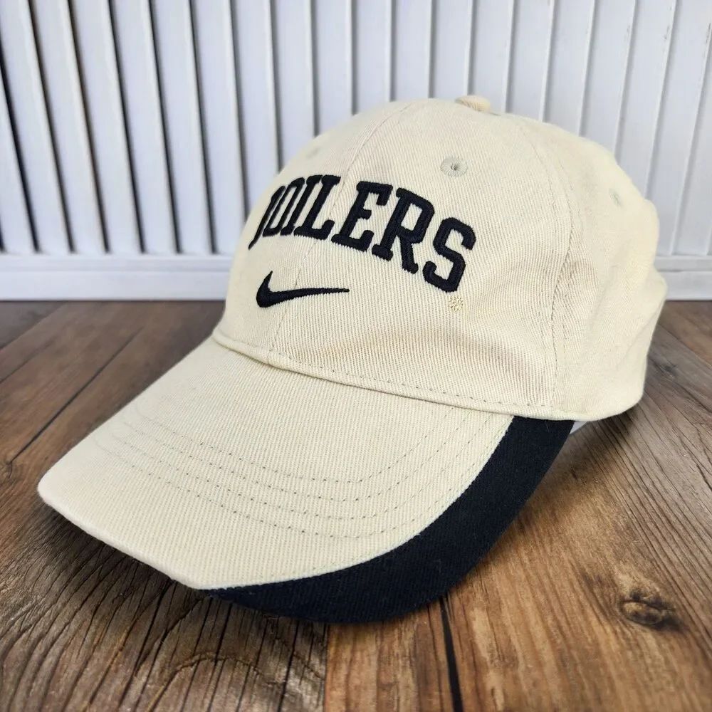 VTG Nike Purdue Boildermakers Boiler Up! Fitted Hat Cream Size L NCAA Dad Swoosh